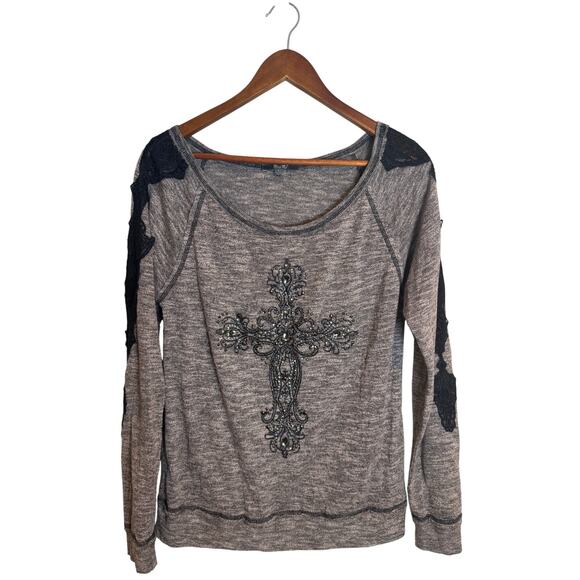 Miss Me Embellished Cross Lace Long Sleeve Heather Gray Top Large - Picture 1 of 5